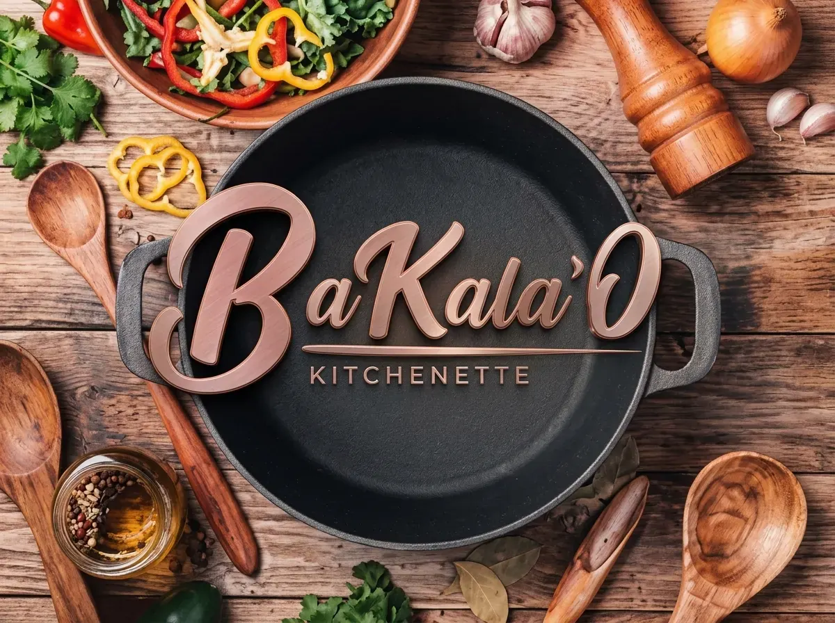 BaKala'O rustic wooden table with skillet and Caribbean seasonings