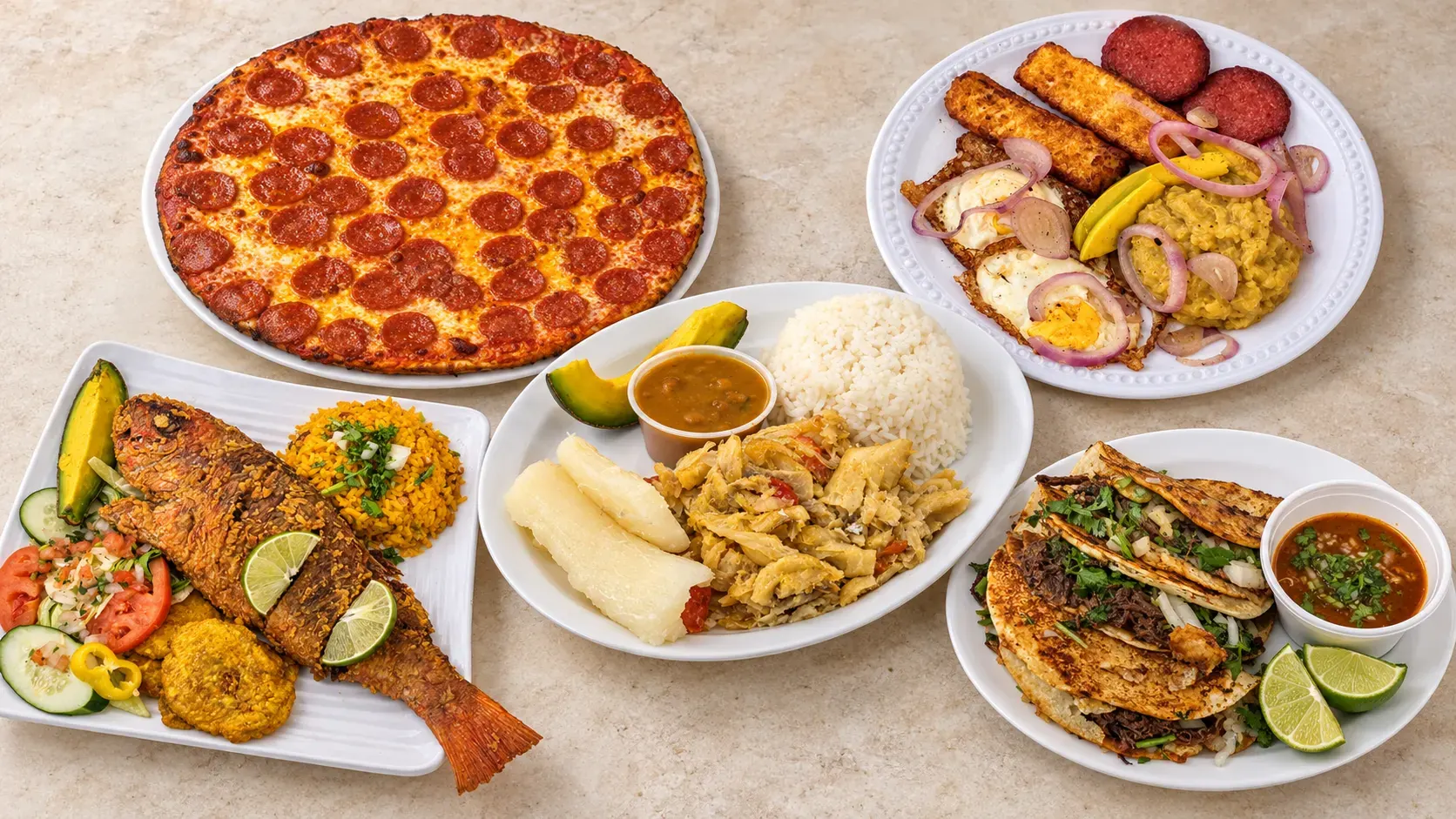 A spread of Dominican dishes with rice, plantains and savory sides